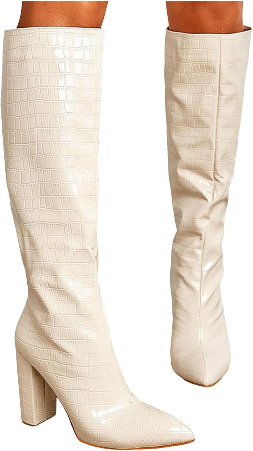Damen Stiefeletten mit Absatz Elegant Spitz Kniehohe Stiefel für Damen, breite Wade, quadratische Ze