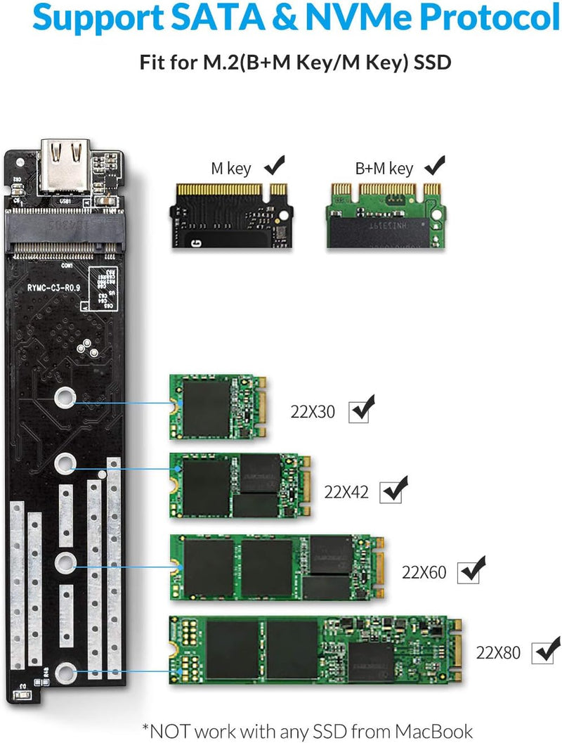 ORICO NVMe SATA SSD M.2 Gehäuse, 10Gbps USB3.2 Gen2 M2 SSD Adapter für PCIe NVME und SATA 2230 2242