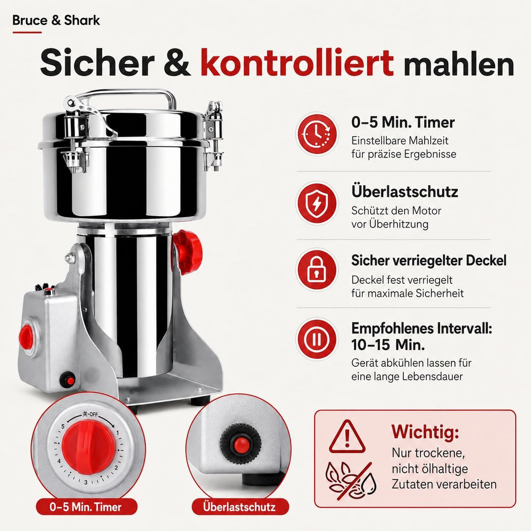 700g Hochgeschwindigkeits Elektrische Getreidemühle für kommerziellen Einsatz, 1800W, Edelstahlkonst