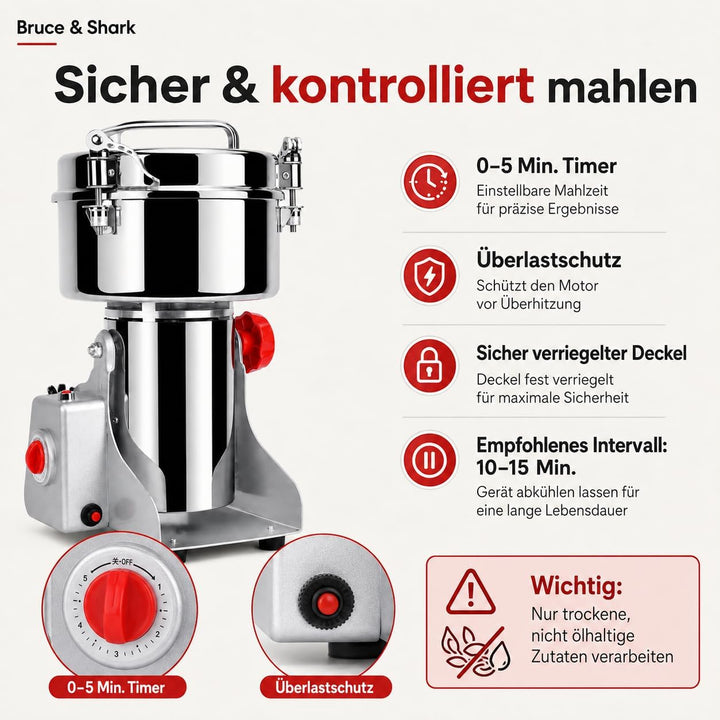 700g Hochgeschwindigkeits Elektrische Getreidemühle für kommerziellen Einsatz, 1800W, Edelstahlkonst