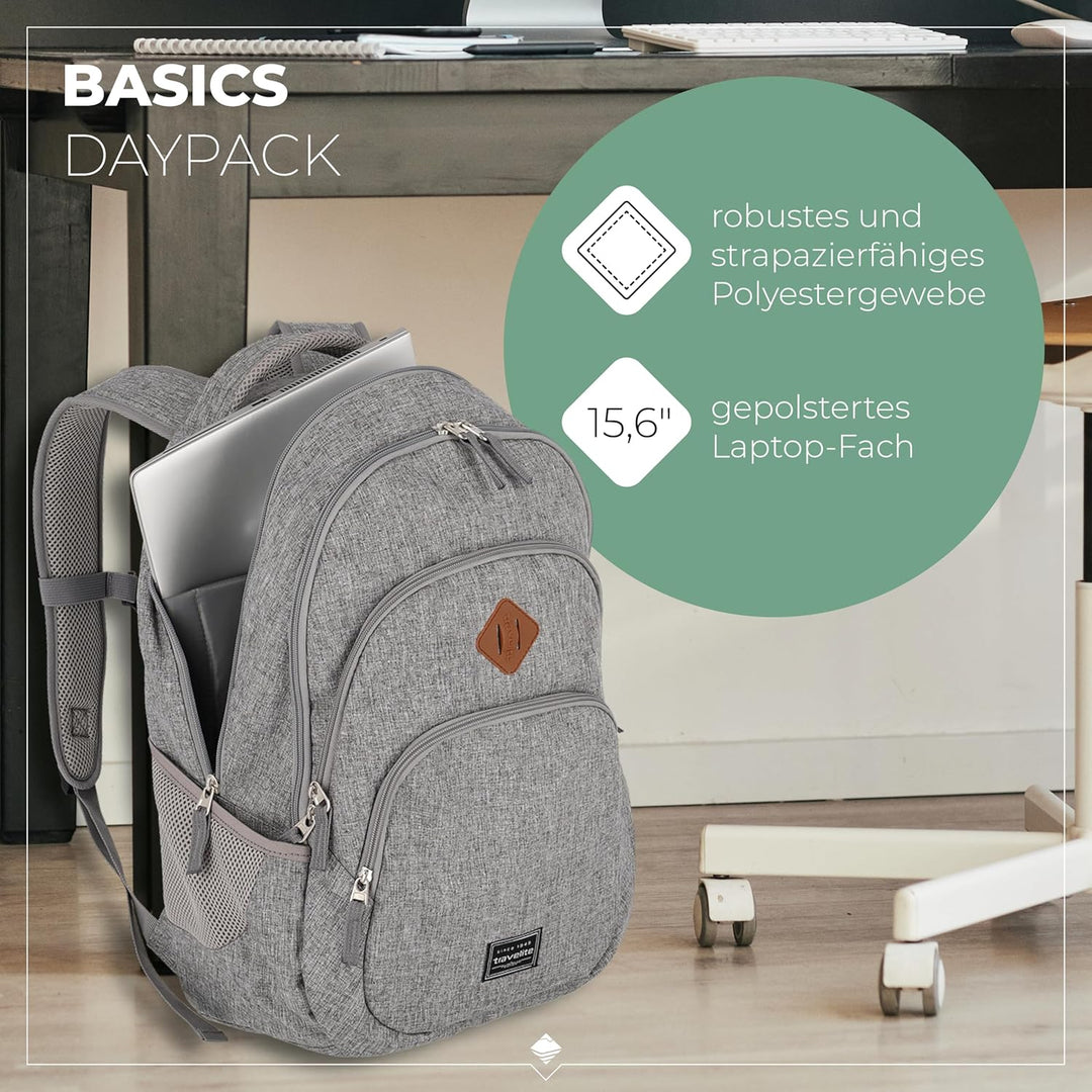 Travelite Handgepäck Rucksack, Laptop Rucksack 15,6 Zoll, BASICS, Daypack, Tagesrucksack mit vielen