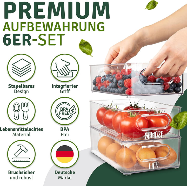 Kühlschrank Organizer 6er Set [mit 16 Aufkleber] Premium Küchen Organizer | Aufbewahrungsbox für Küh
