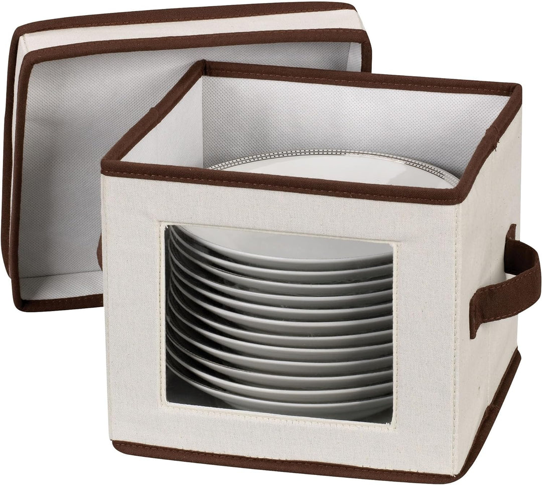 Household Essentials Dessert Plate or Bowl Storage Chest, Natural Canvas with Brown Trim Desserttell