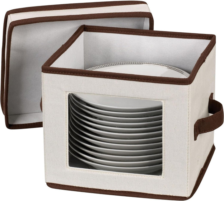 Household Essentials Dessert Plate or Bowl Storage Chest, Natural Canvas with Brown Trim Desserttell