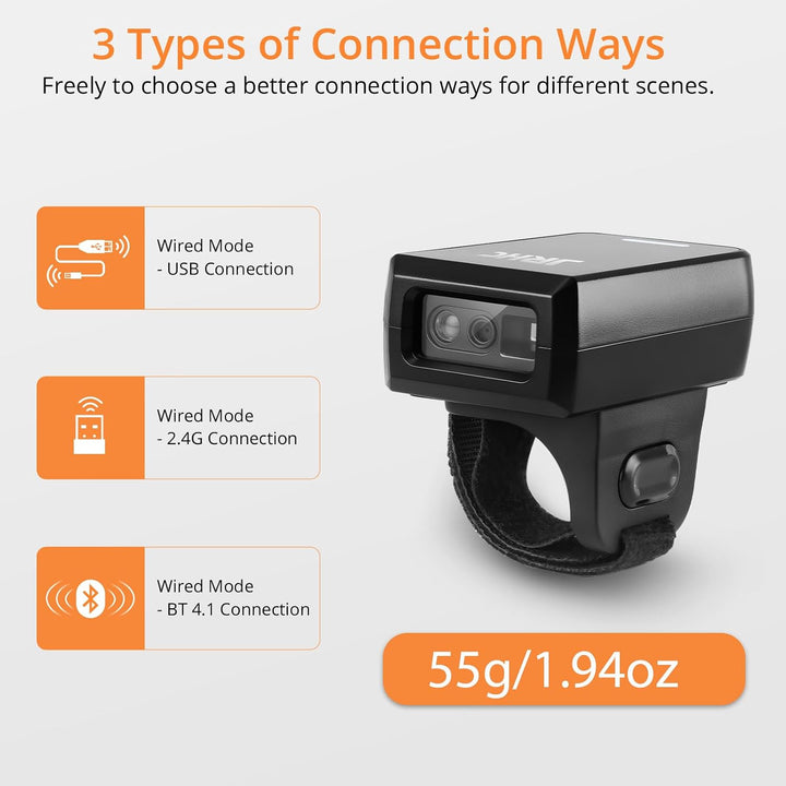 1D 2D Bluetooth Finger Strichcode Scanner Kabellos, Tragbarer Mini Barcode Lesegerät mit 3-in-1 Blue