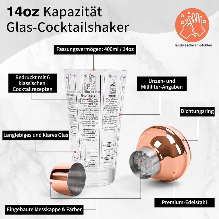 14oz Glas Cocktail Shaker Set, Margarita Mixer Shaker mit eingebautem Sieb und Messbecher & Mischlöf