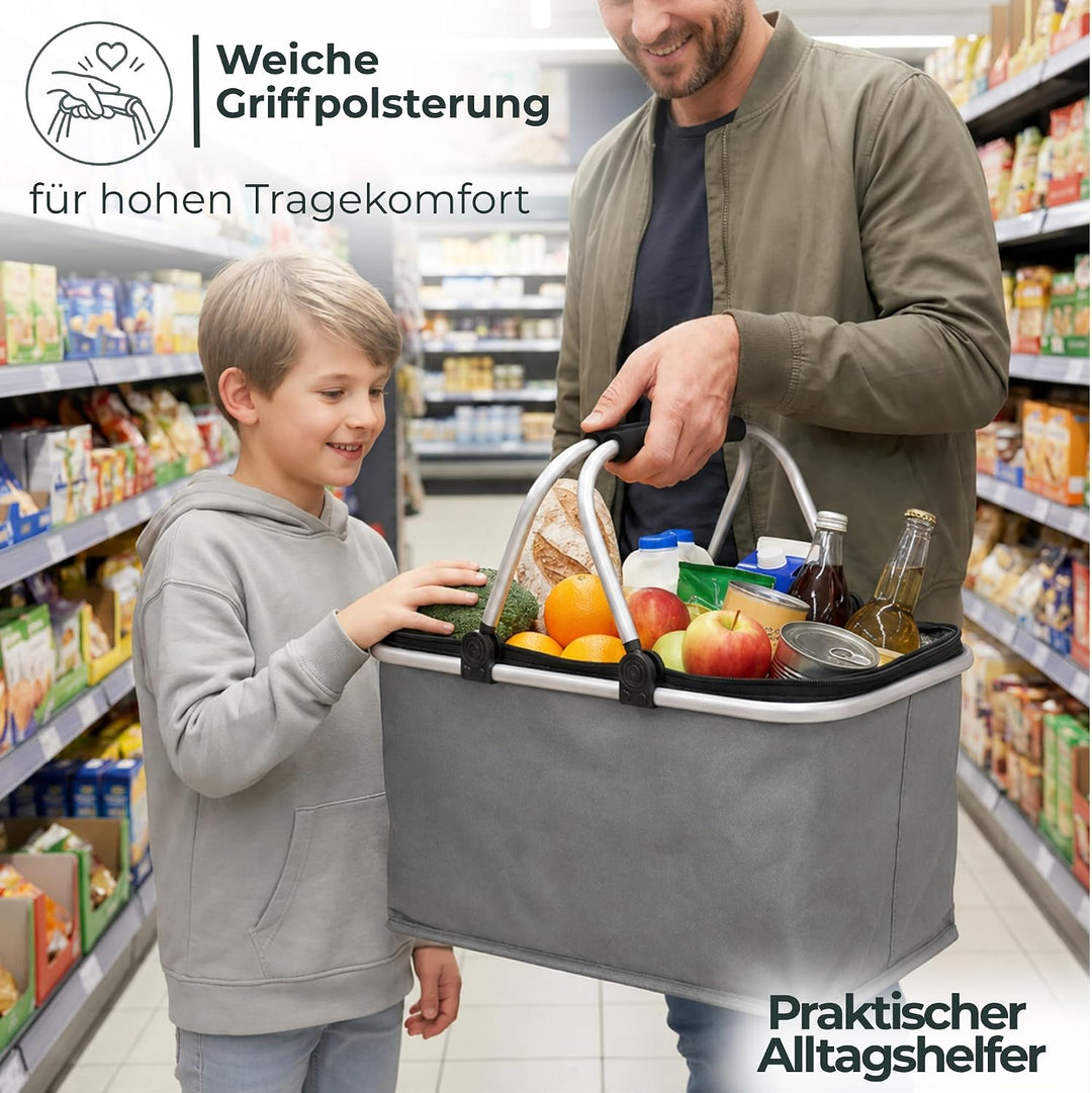 Novaliv 12x Einkaufskorb faltbar mit Kühlfunktion 30 Liter GRAU Isolierkorb mit gepolsterten Tragegr