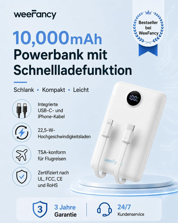 Power Bank 10000mAh Powerbank Klein Mini Powerbank mit integrierten Kabeln USB C Externe Handyakkus