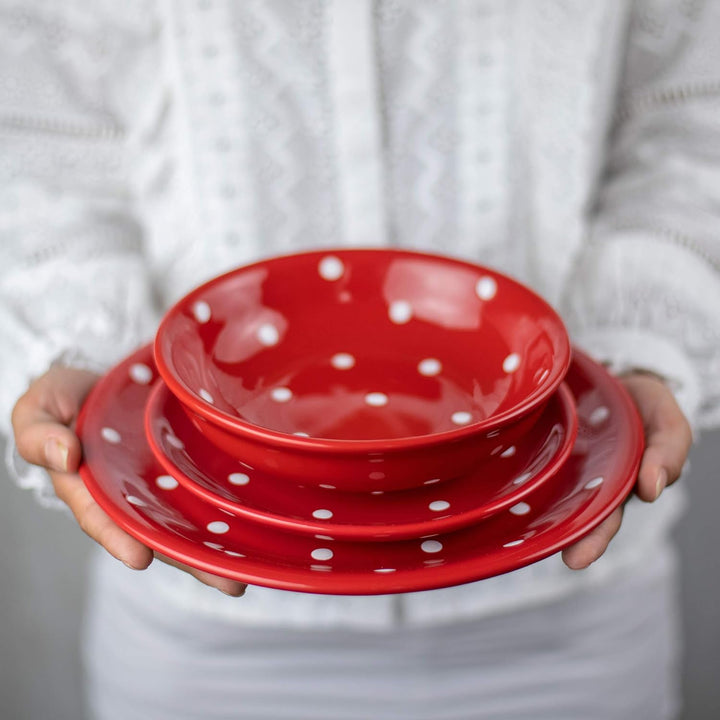 City to Cottage® - Keramik Teller 25.5 cm | Rot und Weiss | Polka Dots | Handgemacht | Grosser Speis