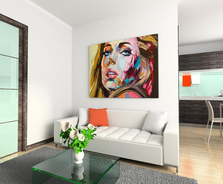 Paul Sinus Art Fotoleinwand 90x60cm Abstraktes Ölgemälde – Blonde Frau auf Leinwand Exklusives Wandb