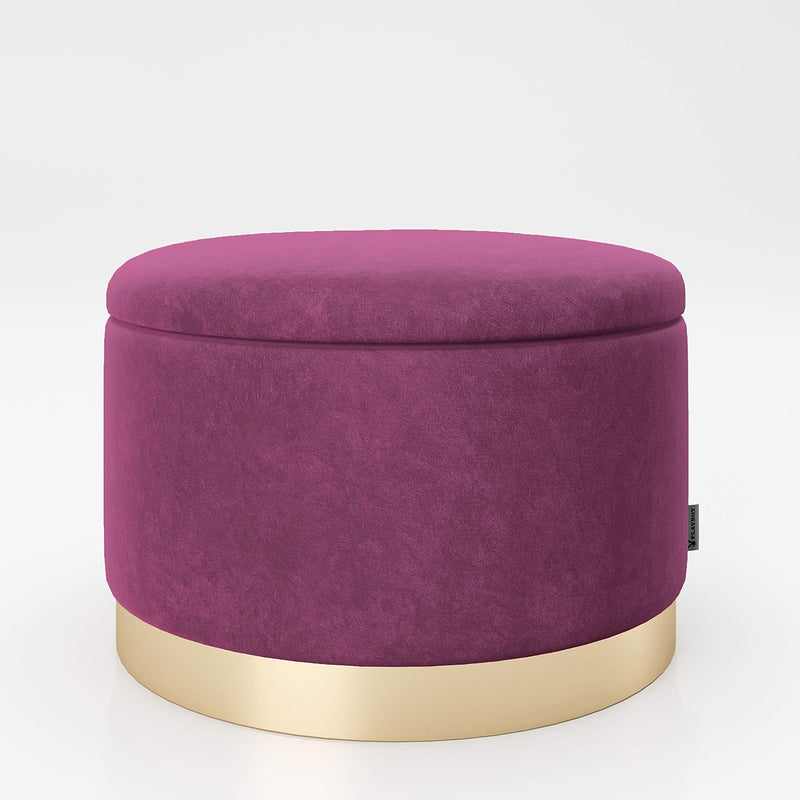 PLAYBOY runder Pouf mit Stauraum aus Samtstoff in Lila und goldenem Metallfuss, gepolsteter Sitzhock