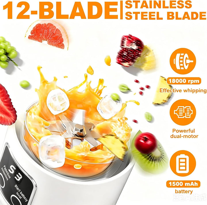 Tragbarer Mini Mixer mit LED Display, 450ml tragbarer Smoothie Maker, 12 Edelstahlklingen, wiederauf