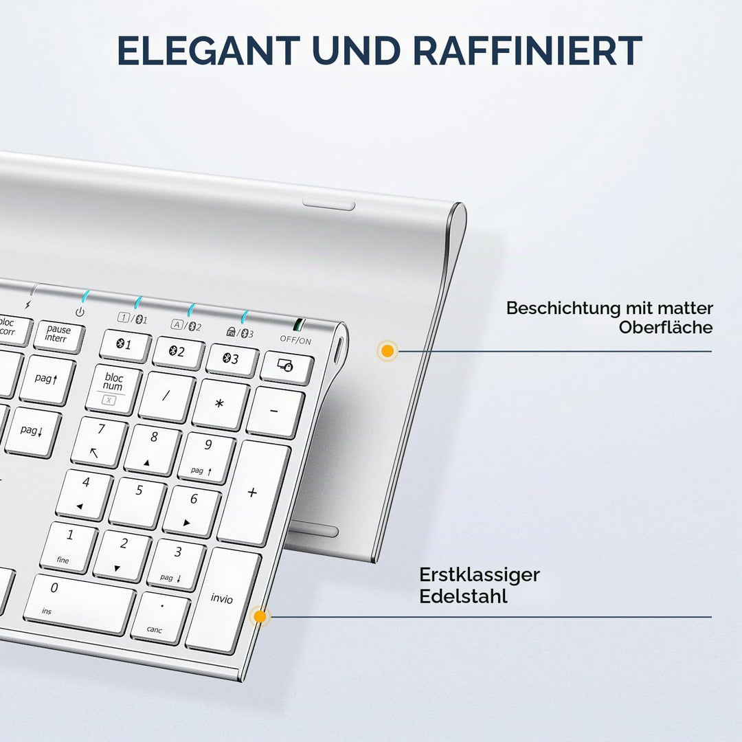 iClever BK23Bluetooth Tastatur, Kabellos Tastatur mit 3 Bluetooth Kanälen, Stabile Verbindung, Ultra