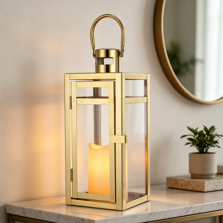 TRIROCKS Dekorative Laterne aus Edelstahl 30 cm hoher Kerzenhalter aus Metall mit klaren Glasscheibe