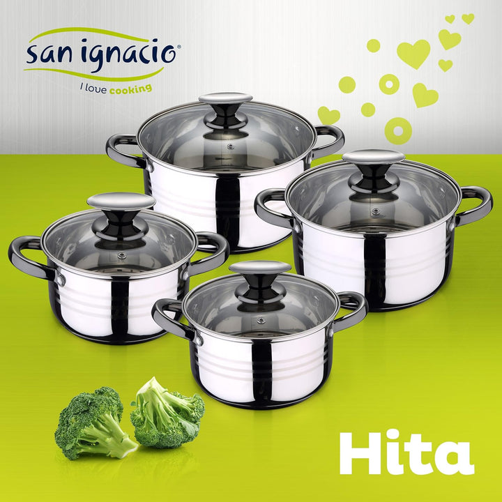 Set, 8 Teile, Edelstahl, mit Glasdeckeln, geeignet für Induktion, Kollektion Altea, Durchmesser: 16