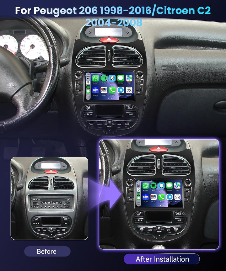 2GB RAM + 64GB Carplay Autoradio für Peugeot 206 für Citroen C2, Motorsi Android Auto 7“ Touchscreen