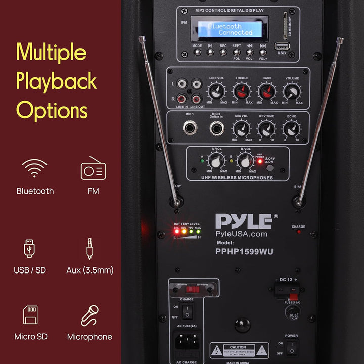 Pyle Partybox, Bluetooth Lautsprecher Gross- Trag & Rollbar, Musikbox mit 2 Mikrofone & Fernbedienun