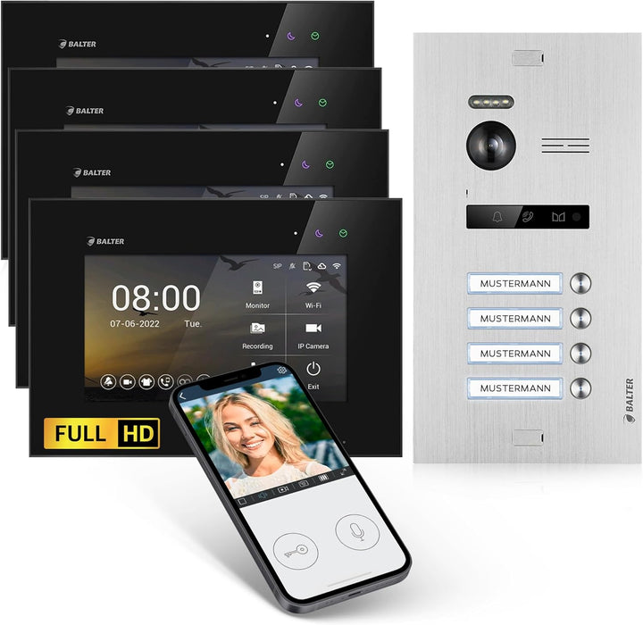 Balter EVO-HD Video Türsprechanlage, Video Türklingel mit Kamera, 4 familienhaus Klingel, 7 Zoll HD