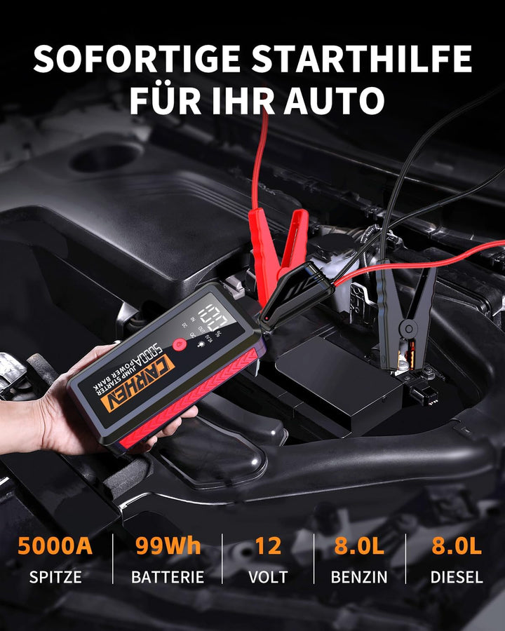 CARHEV Starthilfe Powerbank, 5000A Booster Auto Starthilfe, 12V Starter Powerbank(Bis zu 8.0L Benzin