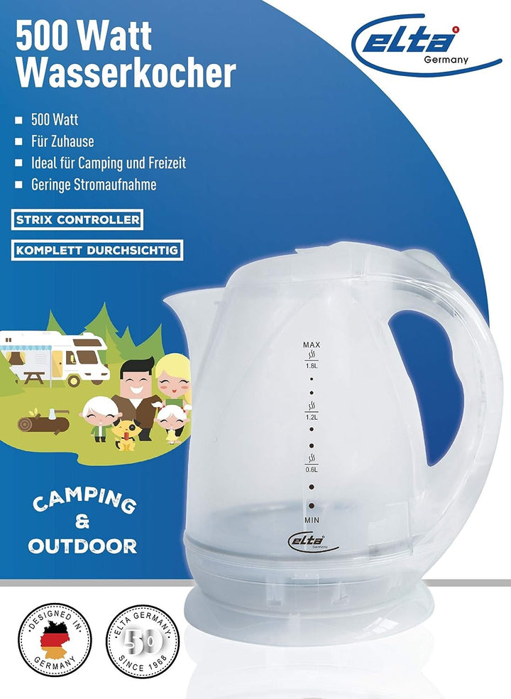 Elta Wasserkocher Camping 500 Watt (Strix Control, Verdecktes Heizelement, Kontrollleuchte, Automati