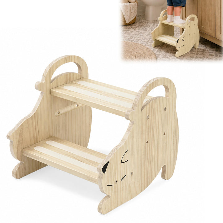 Tritthocker Kinder Holz 2 Stufen, Hocker Kinder, 150kg Tragkraft | Anti-Rutsch Kinderhocker mit Grif