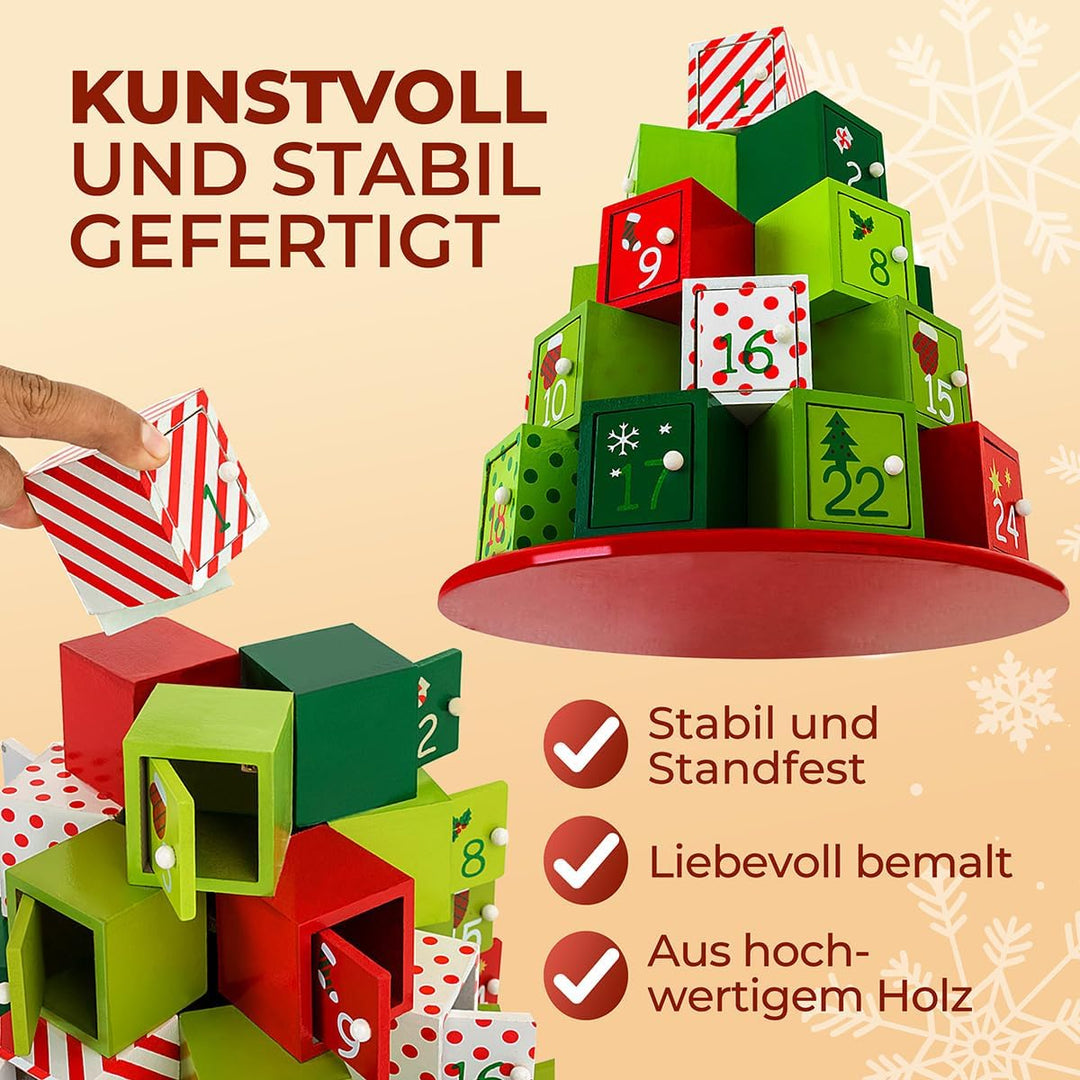 Spielwerk® Wiederverwendbarer Adventskalender Geschenleberg zum Befüllen 24 Türchen Bunt Bemalt Weih
