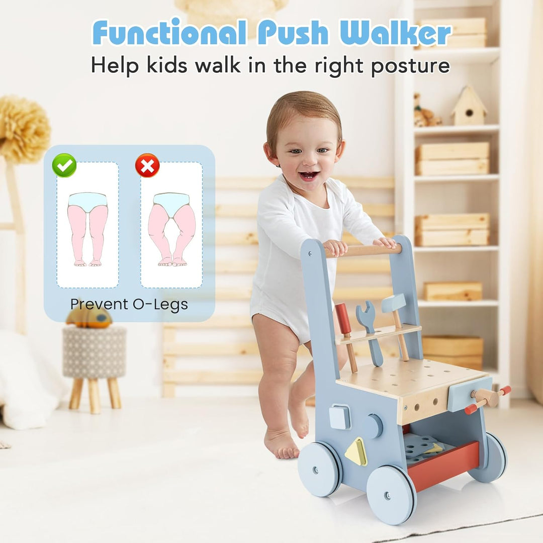 FANTASK 2 in 1 Lauflernwagen, Lauflernhilfe aus Holz, Montessori Kinder Werkbank Spieltisch, Multi-A