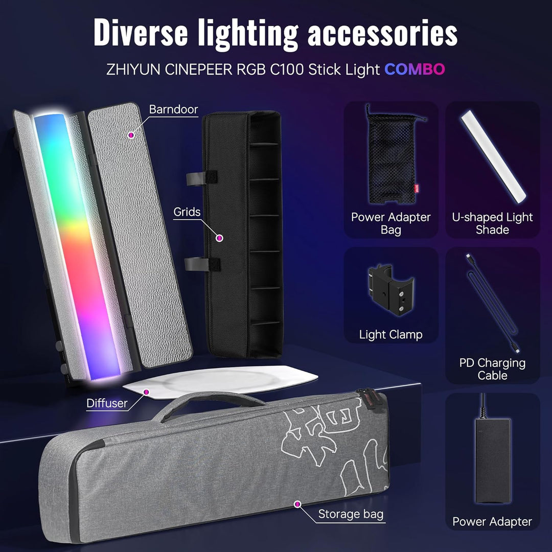 ZHIYUN CINEPEER C100 Combo 100W RGB Lichtstab, APP-Steuerung Videoleuchte Handgehalten 2700K-6500K C