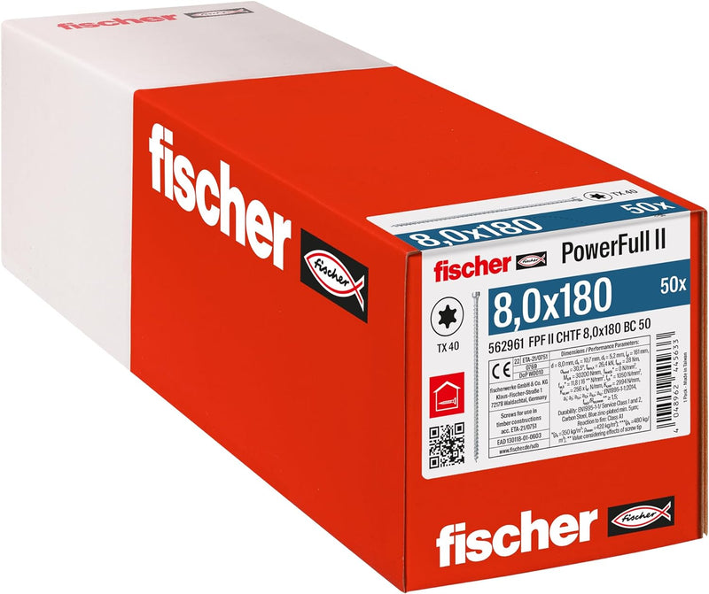 fischer PowerFull II 8,0 x 180, Premium Vollgewindeschraube (50 Stk.) mit innovativer Spitzengeometr