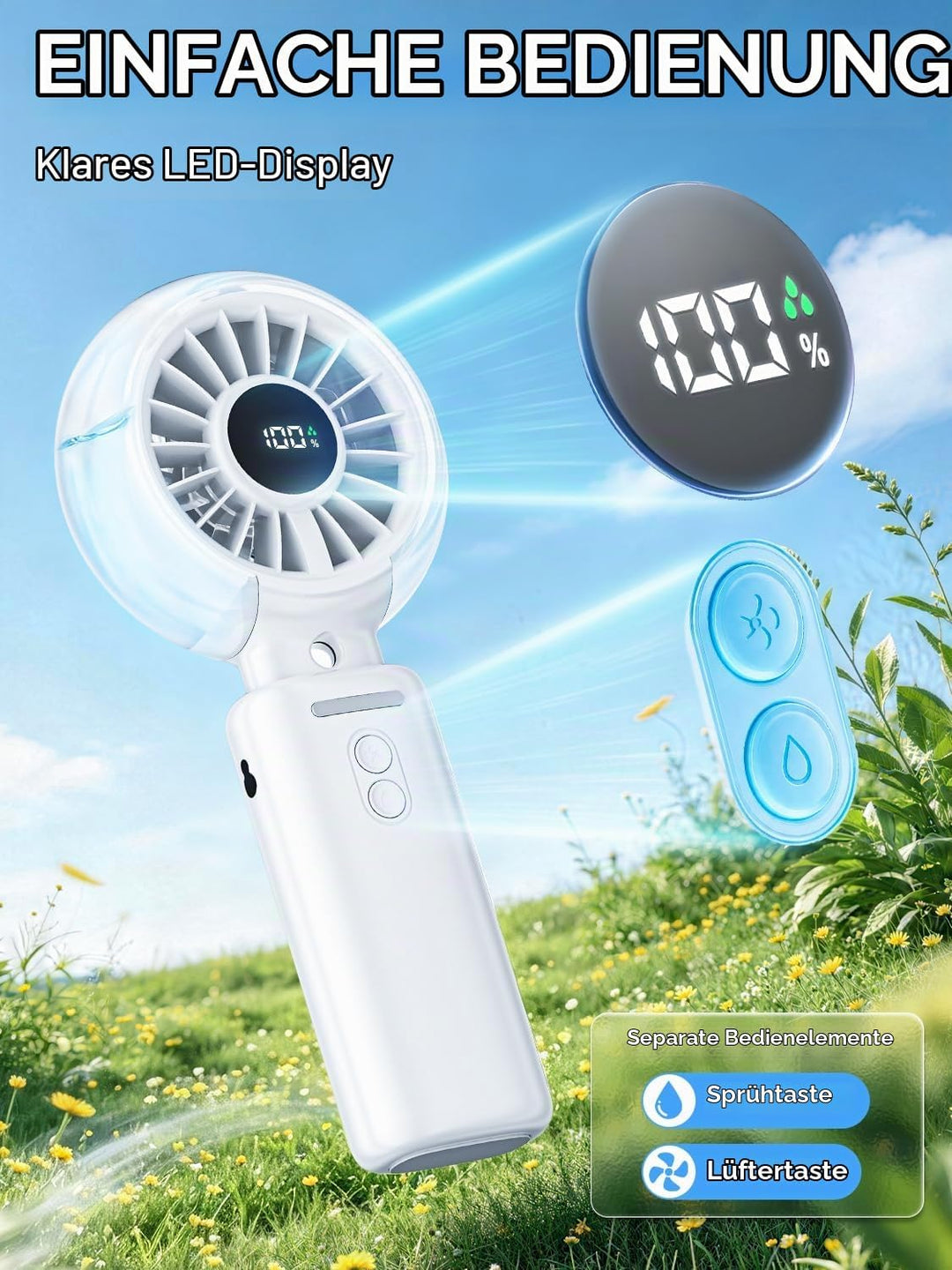 Handventilator Akku Aufladbar mit Wasserkühlung - Tragbarer Mini Ventilator | 100 Stufen 6000mAh Akk