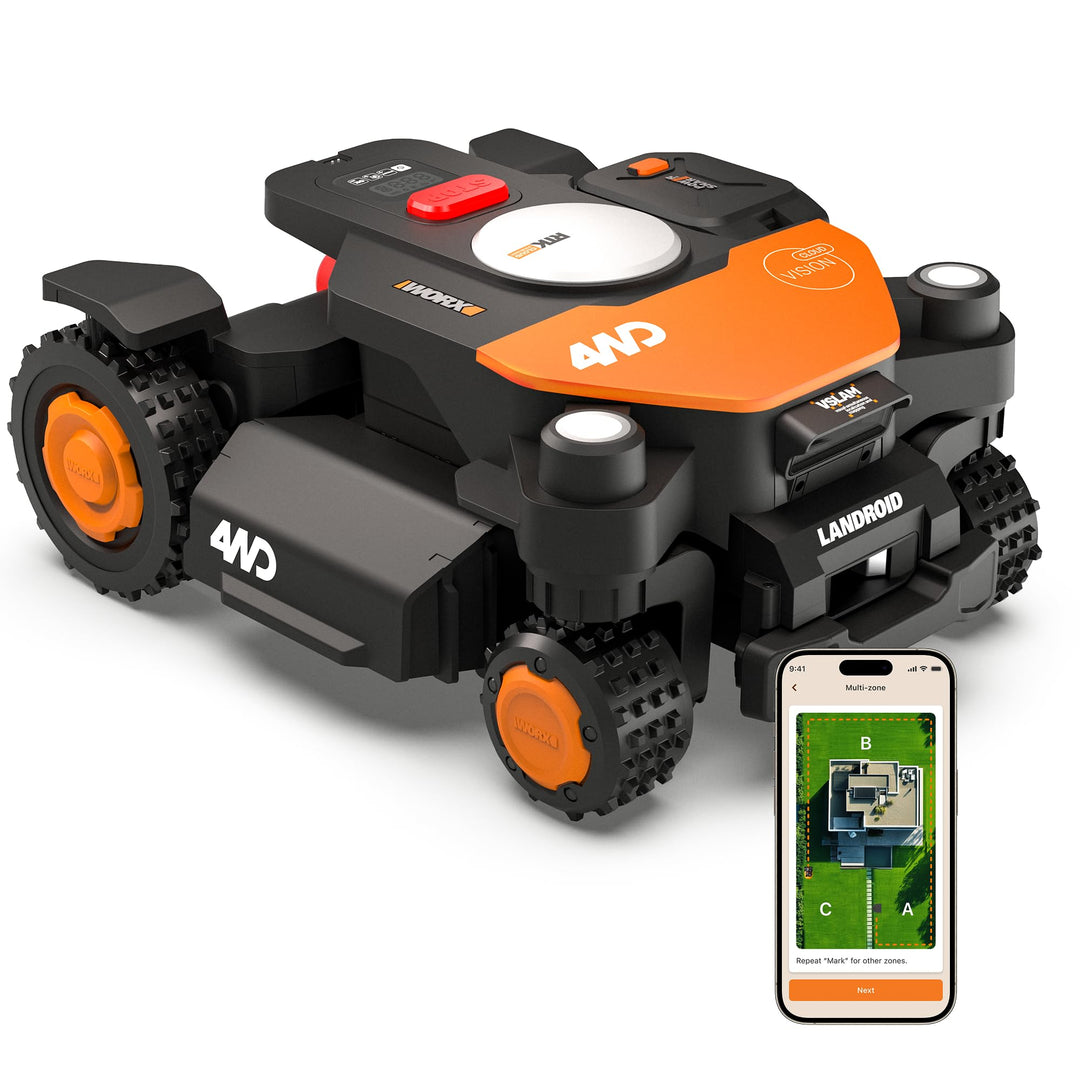 Worx Landroid Vision Cloud WR340E 4WD Mähroboter mit Garage, kabelloser Rasenmähroboter für bis zu 6