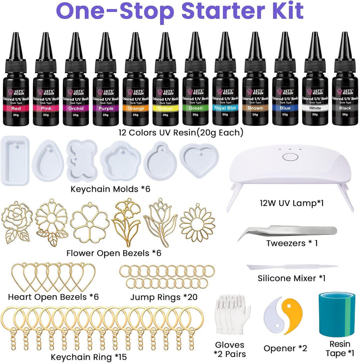 LET'S RESIN UV Resin Set mit UV Lampe, 12 Farben UV Resin mit Silikonformen, UV Harz mit Lampe, für