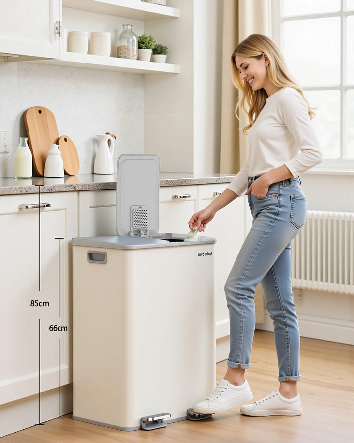 lovewind Mülleimer, 2 x 30L Mülleimer Küche,Doppeleimer für Recycling und Abfall,Soft Beige,Mülleime