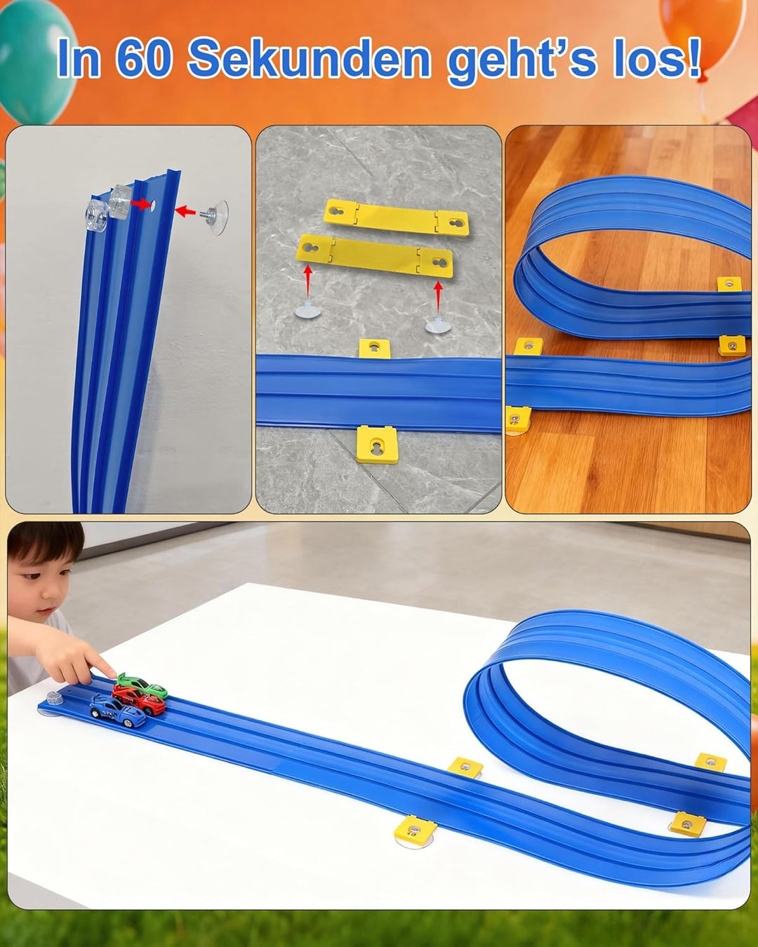 Dreispurige Flexible Rennbahn für Kinder – 5 m Lange Saugnapf-Schwerkraftrampe für 1:64-Modellautos,