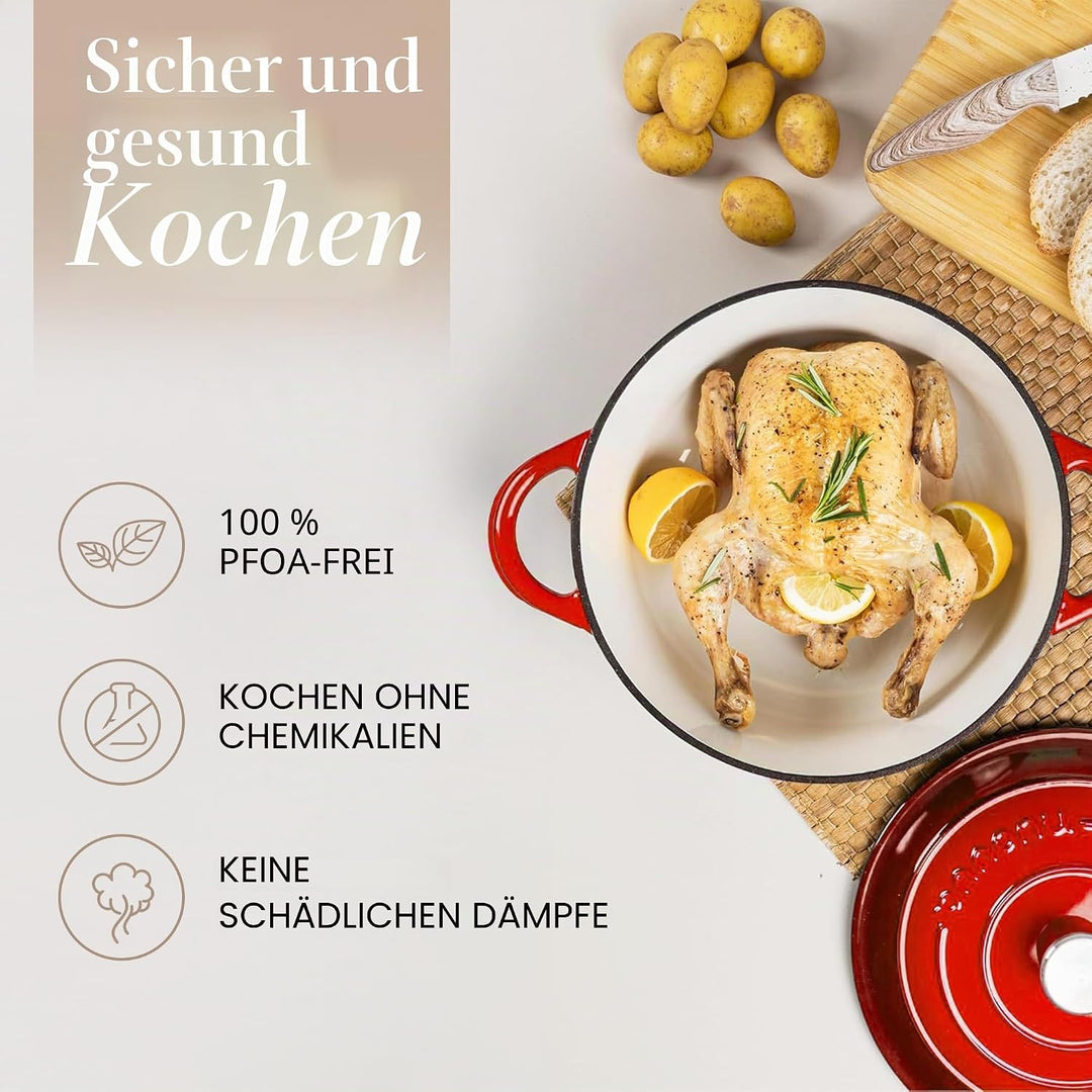 Gusseisen-Topf mit Deckel – Emaille-Schmortopf mit Antihaft, Ofenfest bis 260°C – Robuster Dutch Ove