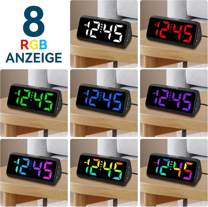 Lauter Wecker für Tiefschläfer, Wecker Digital mit Bunte Display, Doppelalarm, 5 Helligkeitsdimmer,