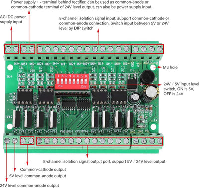 Pegel Lineout Wandler, Signalumwandlungsmodul 8-Kanal NPN/PNP zu NPN 5V / 24V Rechteckwellen-Pegelwa