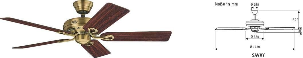 HUNTER FAN Deckenventilator Savoy 132 cm für den Innenbereich mit Zugschalter, Messing antik, 5 umke