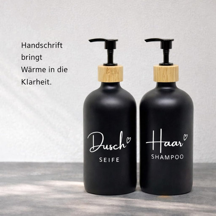 BoBoU Seifenspender Glas 2er Set Schwarz 500 ml Duschseife & Haarshampoo mit Deutscher Handschrift-B