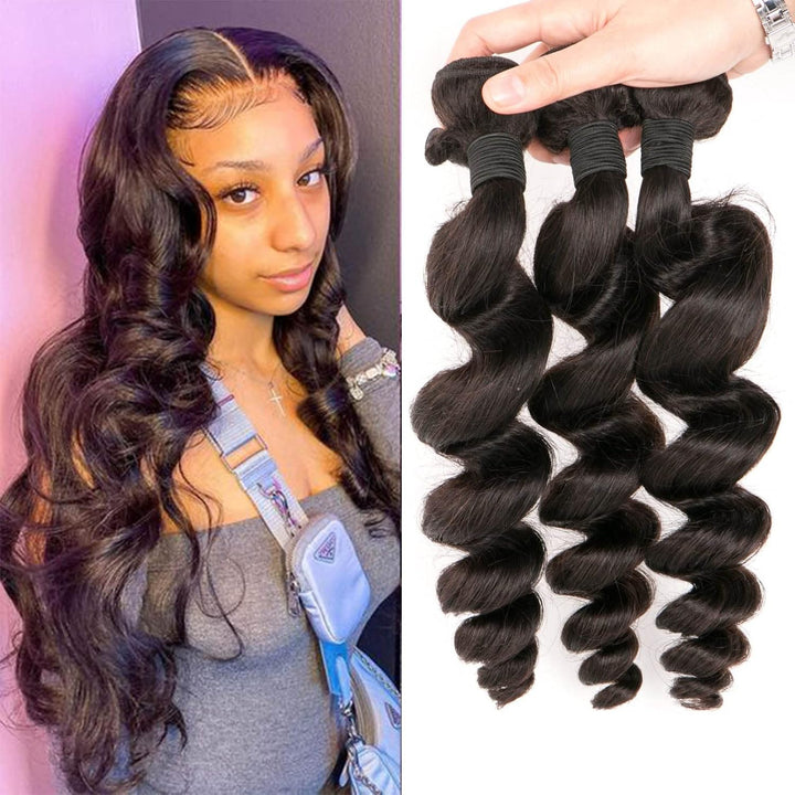 DaiMer Human Hair Bundles Loose Wave Bundles (18 20 22inch) 10 A Brazilian Virgin 100% Unprocessed H