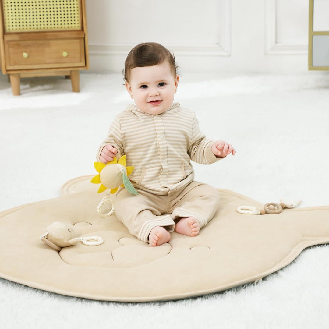 4 IN 1 Bär Spielbogen Baby, Spielmatte Babies mit Natur Holz Activity Spielbogen, 3 abnehmbaren Spie