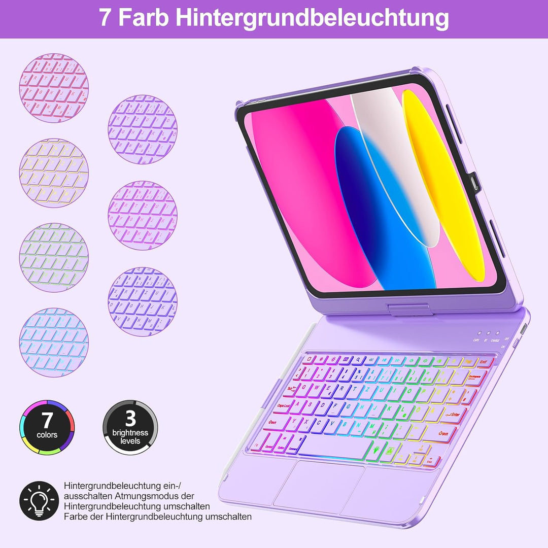 MMK Tastatur Hülle für iPad 10 Generation 10,9 Zoll 2022, 7 Farben Beleuchtung & Multi Touch Trackpa
