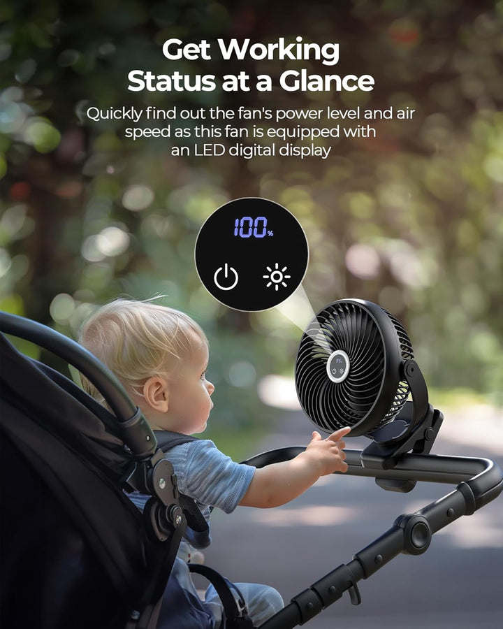 Koonie 20cm Tragbarer Mini Clip Ventilator, USB Tischventilator mit 10000 mAh Akku, Licht, Digitalan