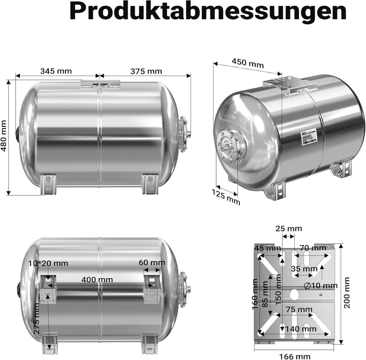 Edelstahl 100 l Ausdehnungsgefäss für Hauswasserwerke und Druckerhöhungsanlagen mit EPDM Membran