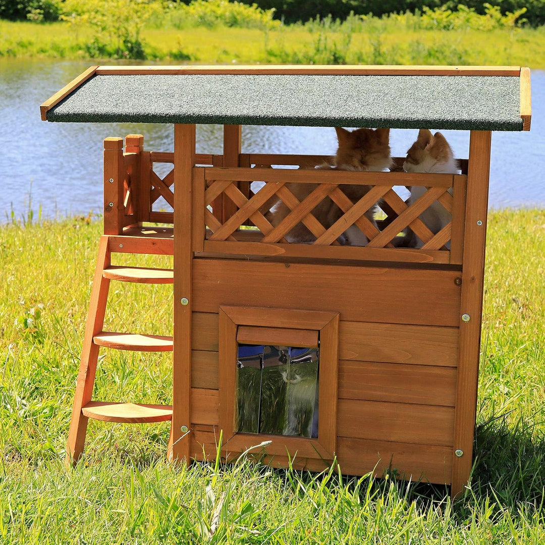 lionto Katzenhaus mit Terrasse und Treppe, Outdoor Lodge für Katzen aus robustem Holz bietet Schutz