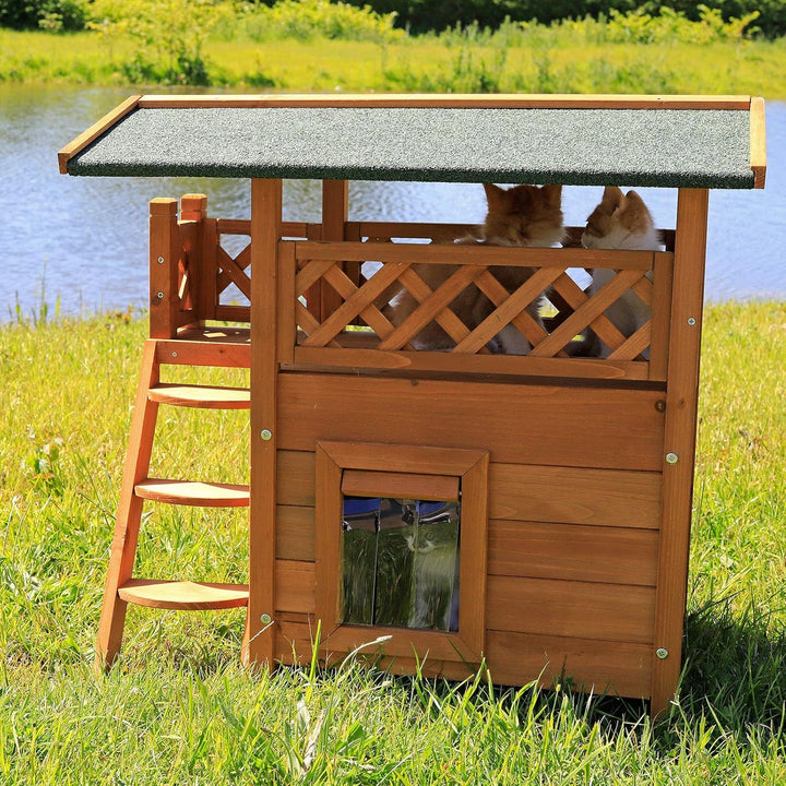 lionto Katzenhaus mit Terrasse und Treppe, Outdoor Lodge für Katzen aus robustem Holz bietet Schutz