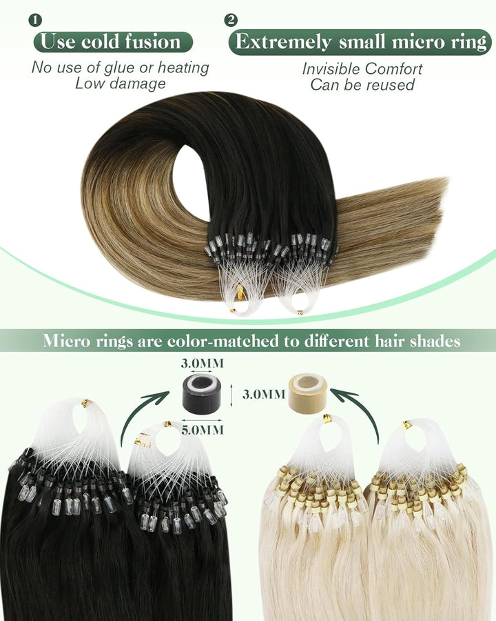 Ugeat Microring Extensions Echthaar Cold Fusion 45cm 1g/Strähnen Micro Bondings Extensions Echthaar