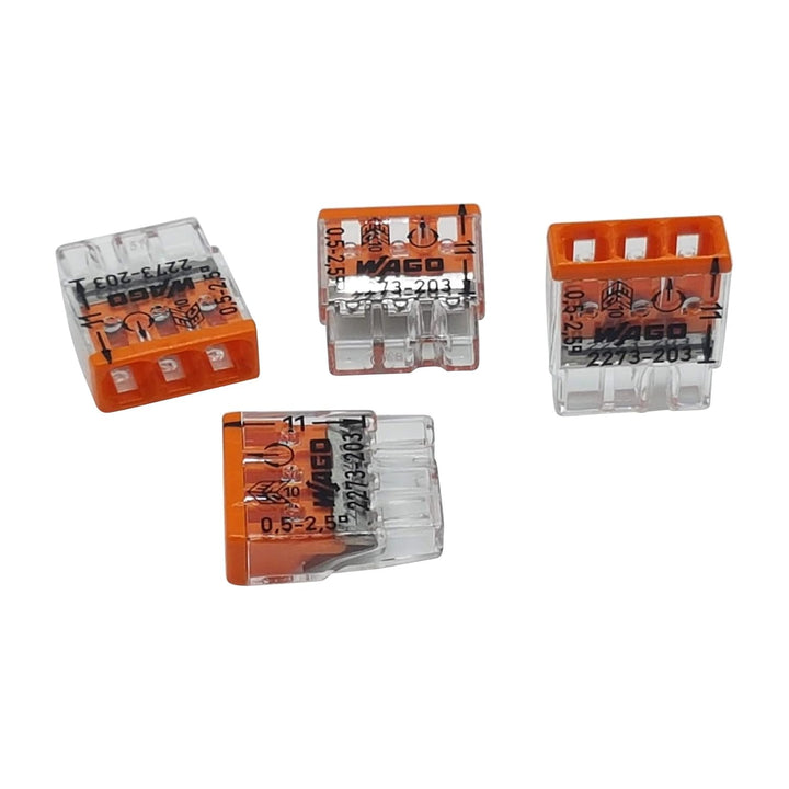 100 Stück Wago 2273-203 COMPACT-Verbindungsdosenklemme Ø 0,5-2,5 mm², 3-polig, transparent/orange