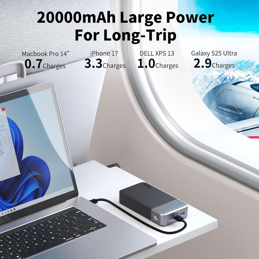 NOBIS 90W 20.000 mAh Powerbank, Tragbarer Laptop-Ladegerät mit 4 Anschlüssen, PD Schnellladung, Digi