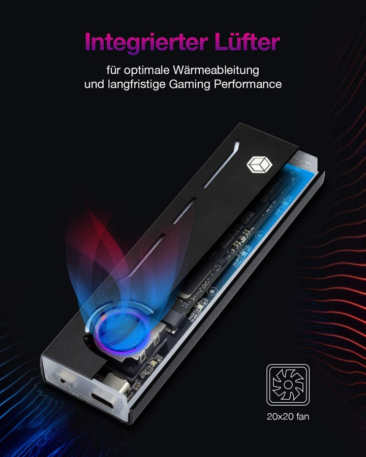 ICY BOX Type-C Gen 2 zu PCIe NVMe M.2 Gaming Gehäuse mit ARGB und Aktiver Kühler, Werkzeuglose Monta